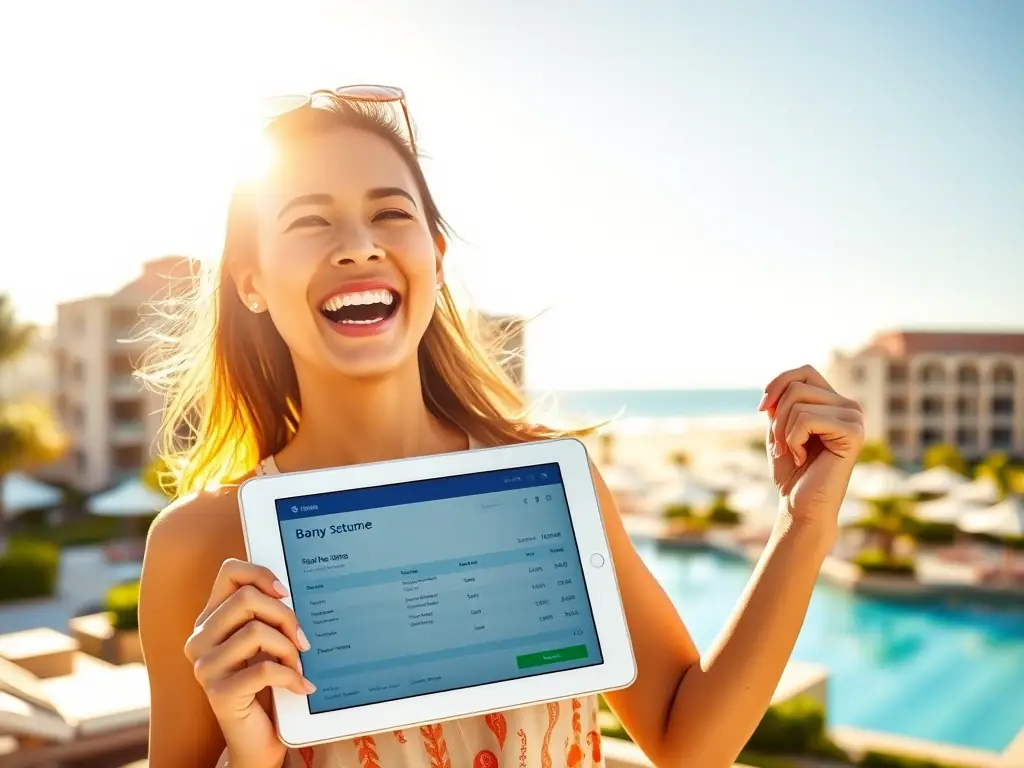 A person happily receiving a check or viewing a bank statement on a tablet, with a backdrop of a luxurious vacation setting. The image should evoke feelings of financial freedom and enjoyment.