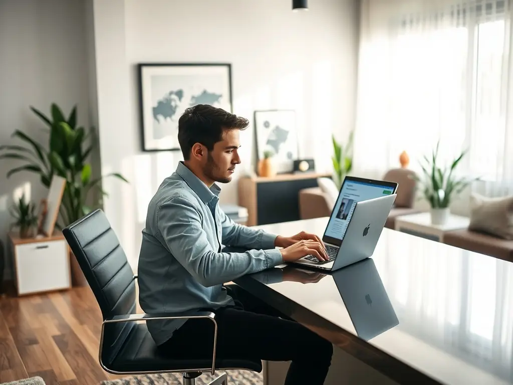 A professional photograph showcasing a person filling out a simple online form on a laptop, with a background suggesting a comfortable home office setting. The image should convey ease and accessibility.